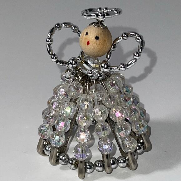 WoW! Adorable Vintage Handmade Aurora Borealis Bead Safety Pin Angel Ornament - Picture 1 of 8